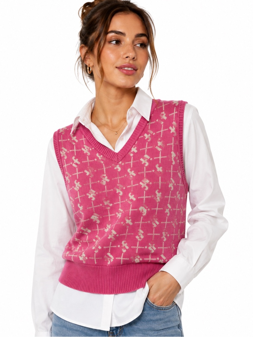 Urban Outfitters iets frans Pink Monogram Knit Crop Sweater Vest XS preppy retro